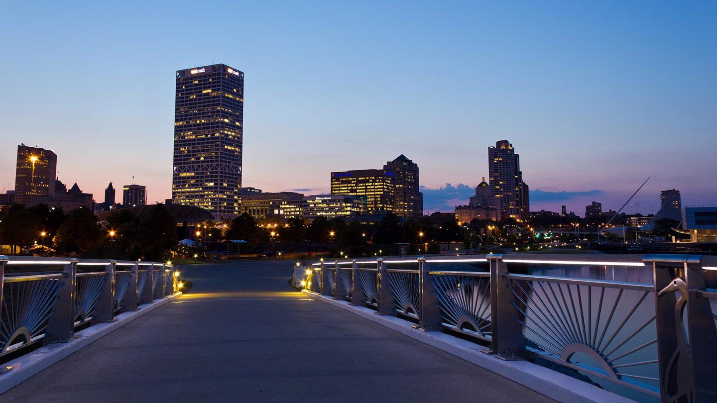 Milwaukee skyline at sunset.